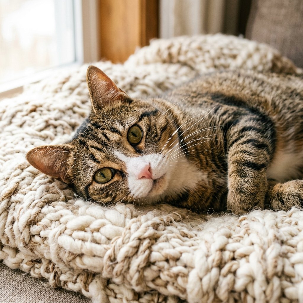 Peaceful cat resting comfortably on knit blanket