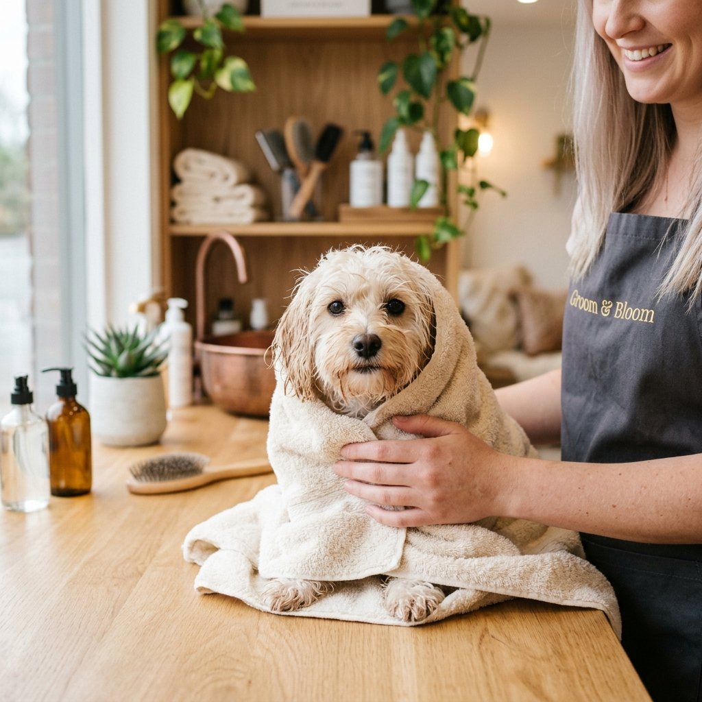 Fluffy clean dog wrapped in soft towel after groom