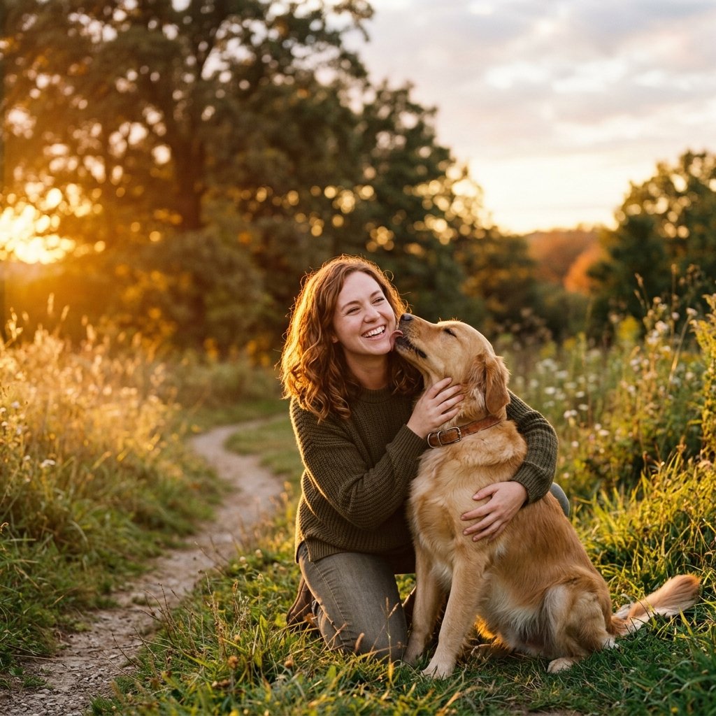 Pet parent hugging happy dog at sunset
